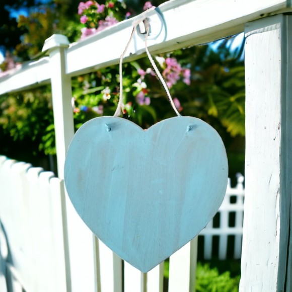 Garden Decor Sign Handcrafted Blue Heart Yellow Dot Pattern Purple White Florals - Picture 2 of 2